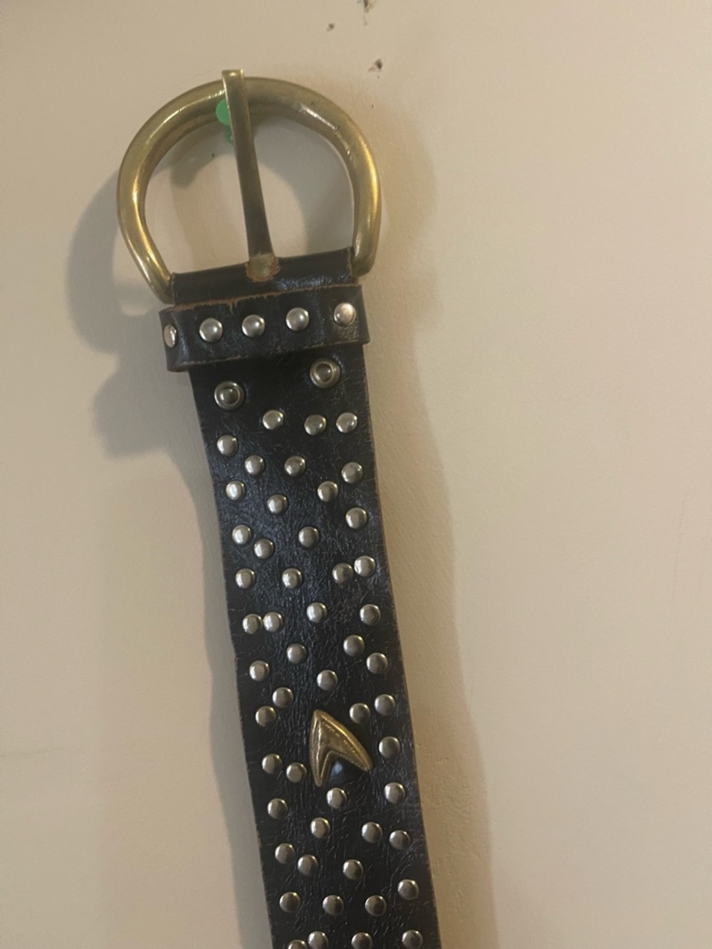 Black Studded Leather Belt with Gold-Tone Buckle